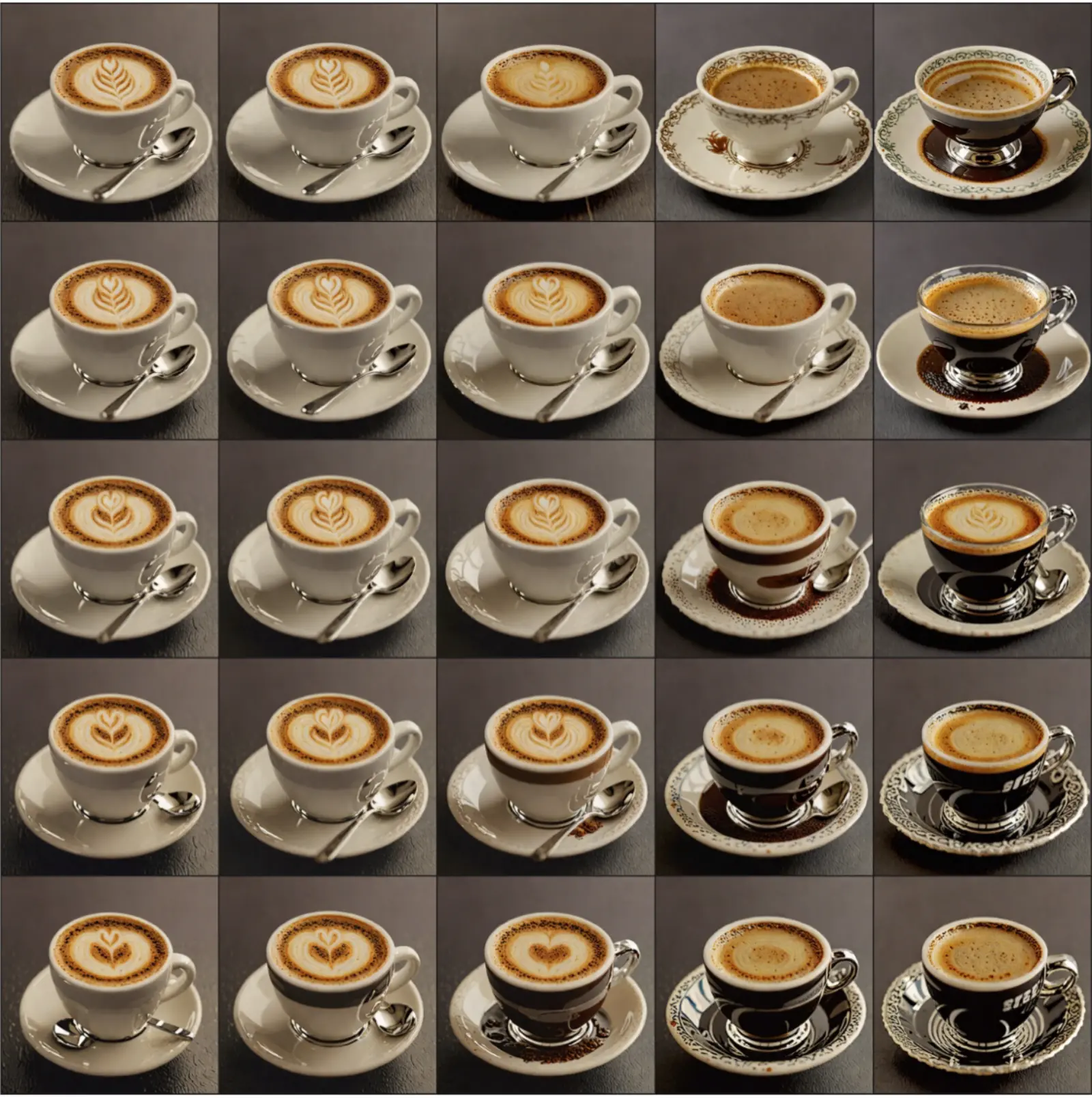 A 2D grid of generated cups of coffee, with the milk pattern, spoon location, and cup design varying smoothly across tiles.