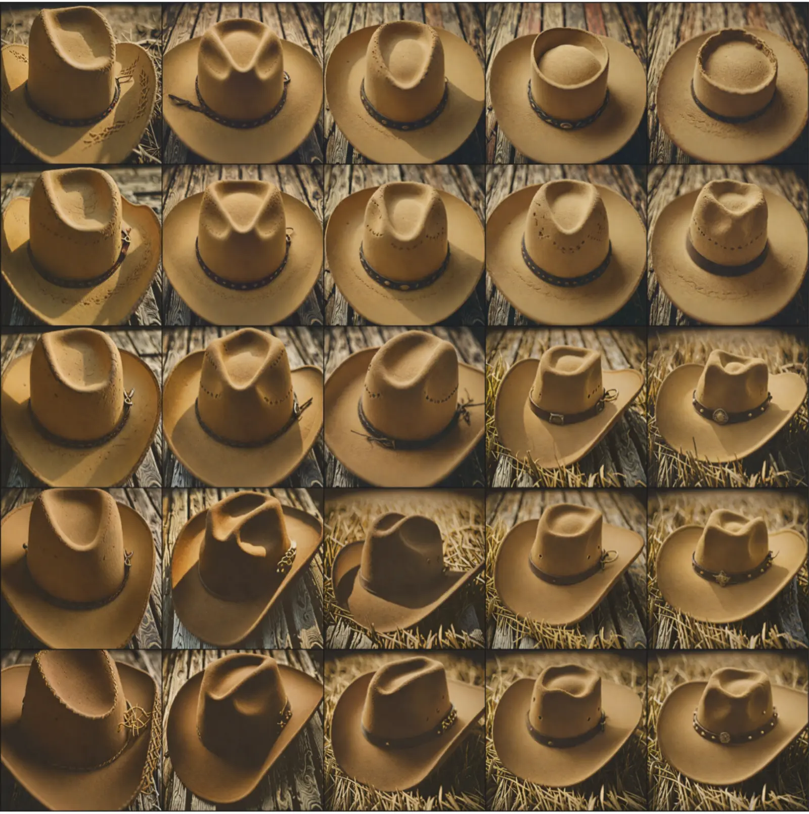 A 2D grid of generated hat images, with the hat's brim angle, crown shape, and orientation varying smoothly across tiles.