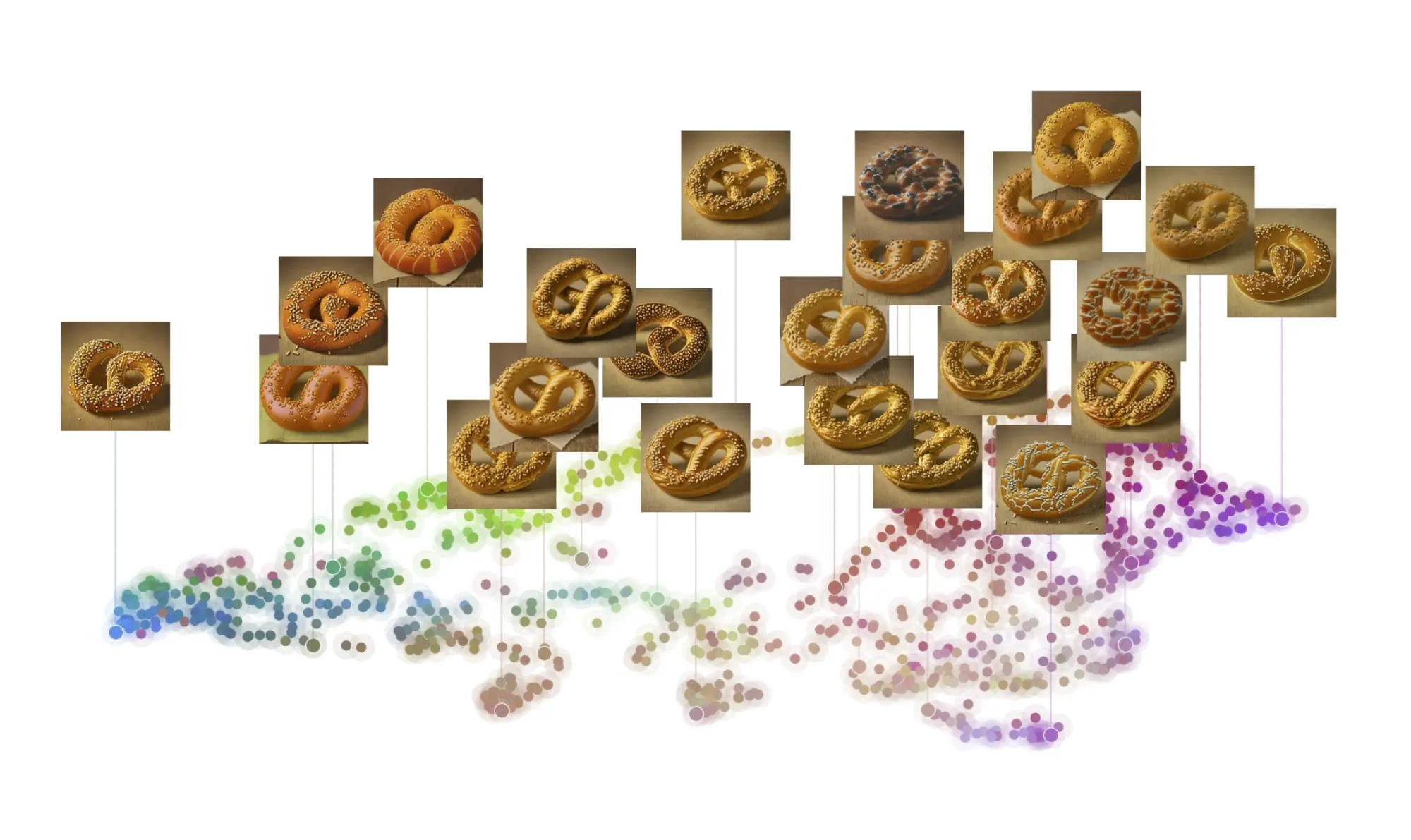 The 'Pretzel Manifold': a single subspace found by a BSF in SDXL captures the 'pretzel' concept as a whole region of possible pretzels. Walking through the region point by point generates a different pretzel each time — twisted, braided, and knotted differently.