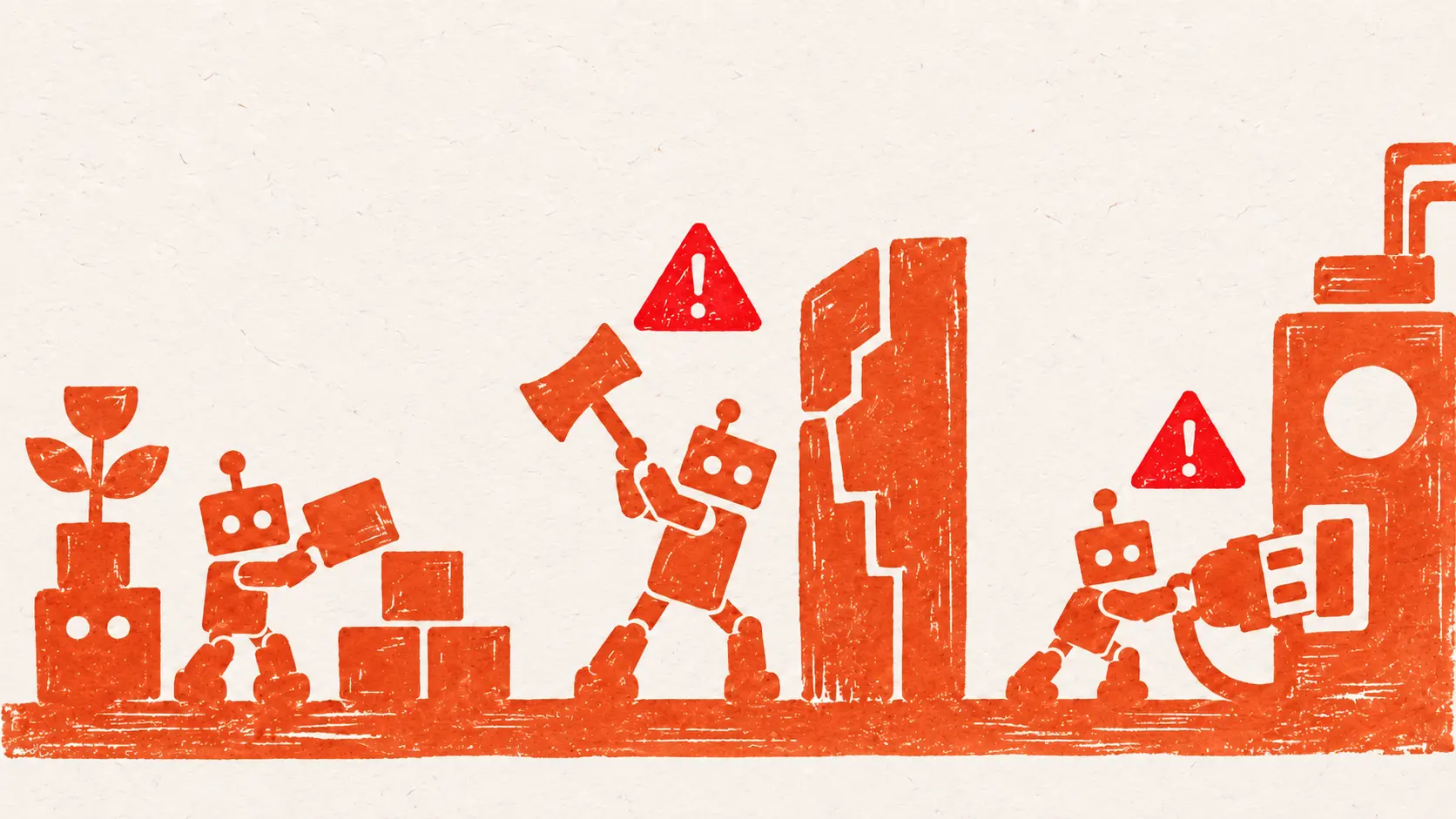 Illustration of orange tracked robots navigating a maze of server racks along dotted paths; two of them, one swinging an axe near a vault door and one plugging in a cable, are marked with red warning signs.