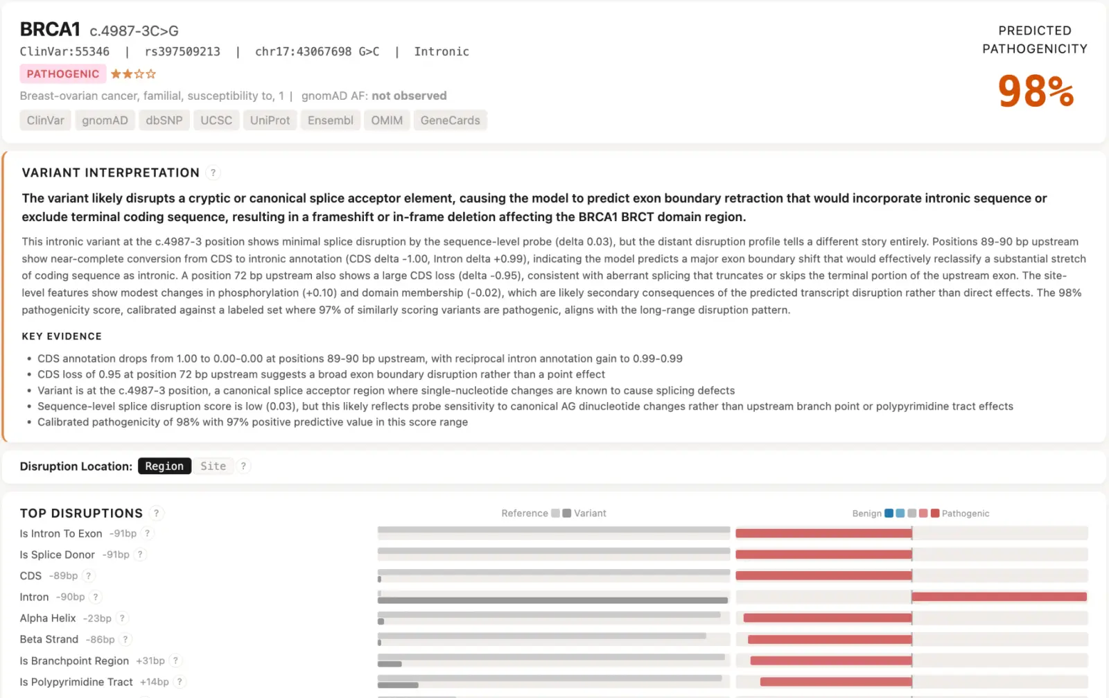 Screenshot of the EVEE page for a variant in the BRCA1 gene
