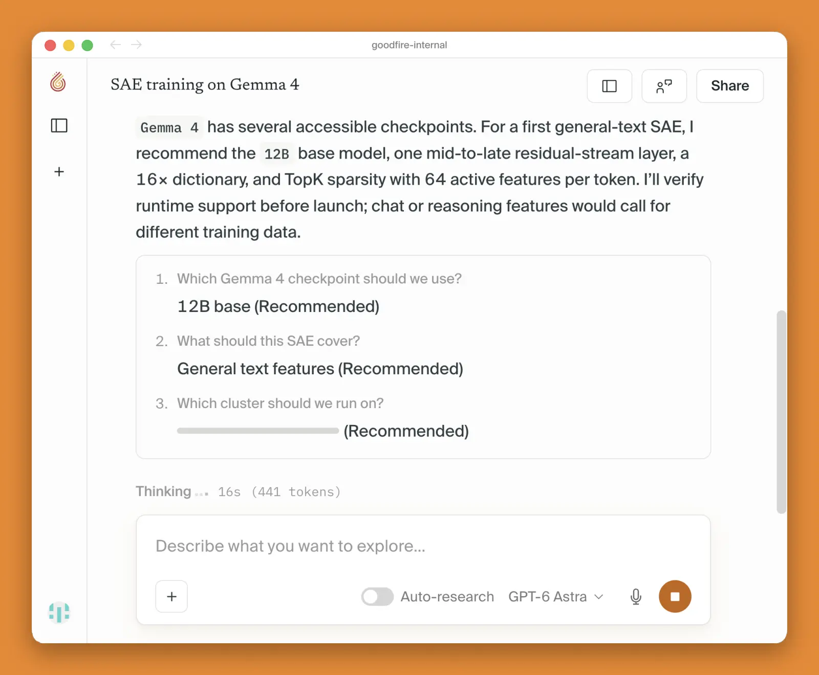 Silico recommending a starting configuration and asking which Gemma 4 checkpoint to use, what the SAE should cover, and which cluster to run on.