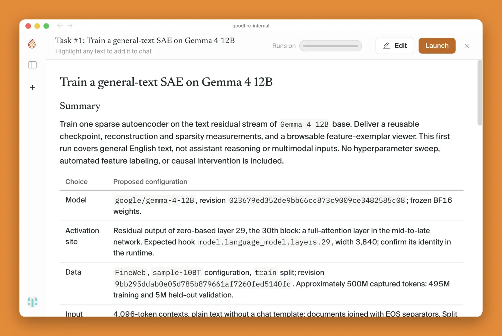 Silico's plan to train a general-text SAE on Gemma 4 12B, listing the proposed model, activation site, and training data.