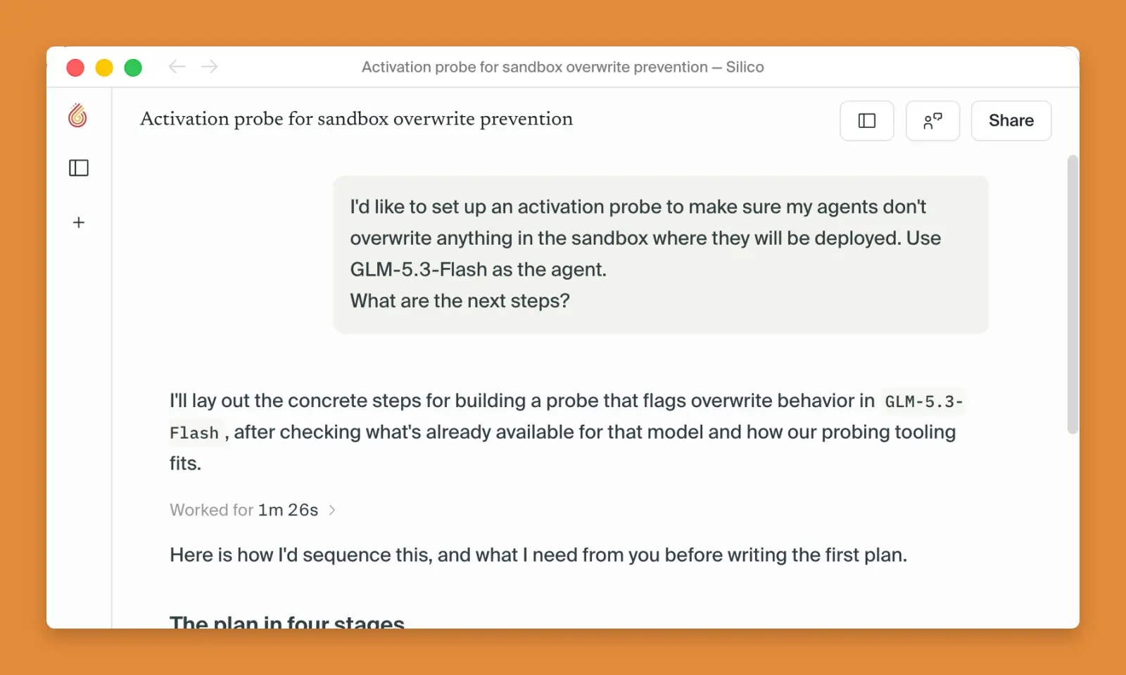 A prompt to Silico describing the goal: train a probe-based monitor that detects prohibited actions by the agent.