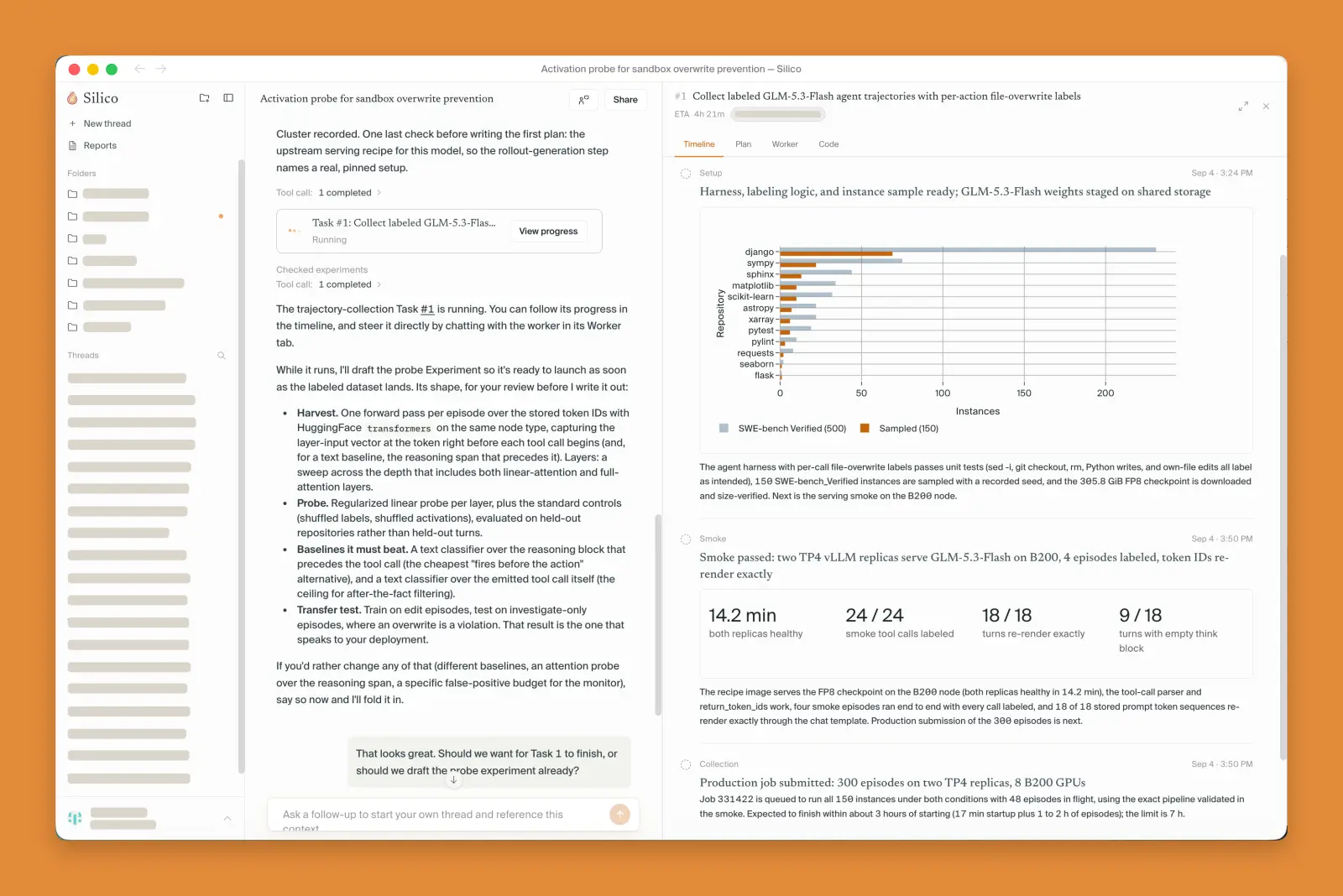 Silico's experiment timeline showing autonomous progress updates.
