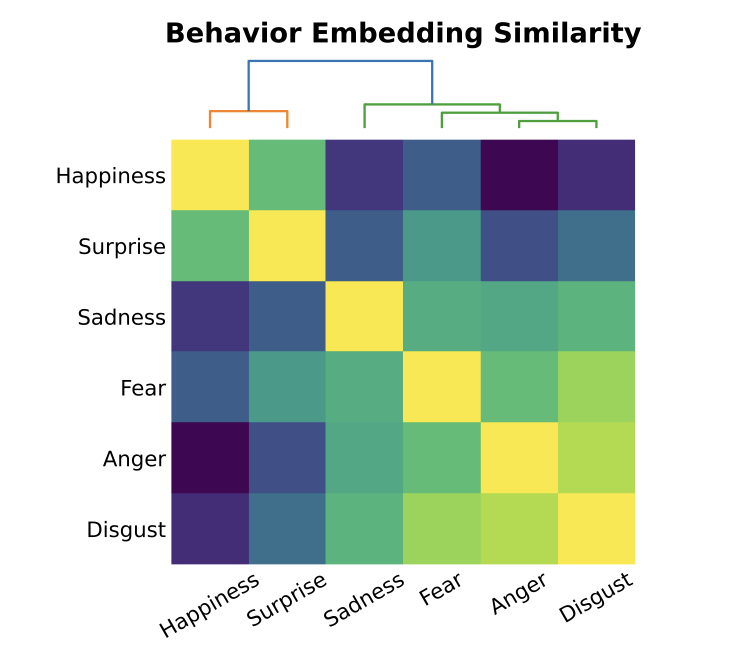 Heatmap of behavior embedding similarity across emotions.