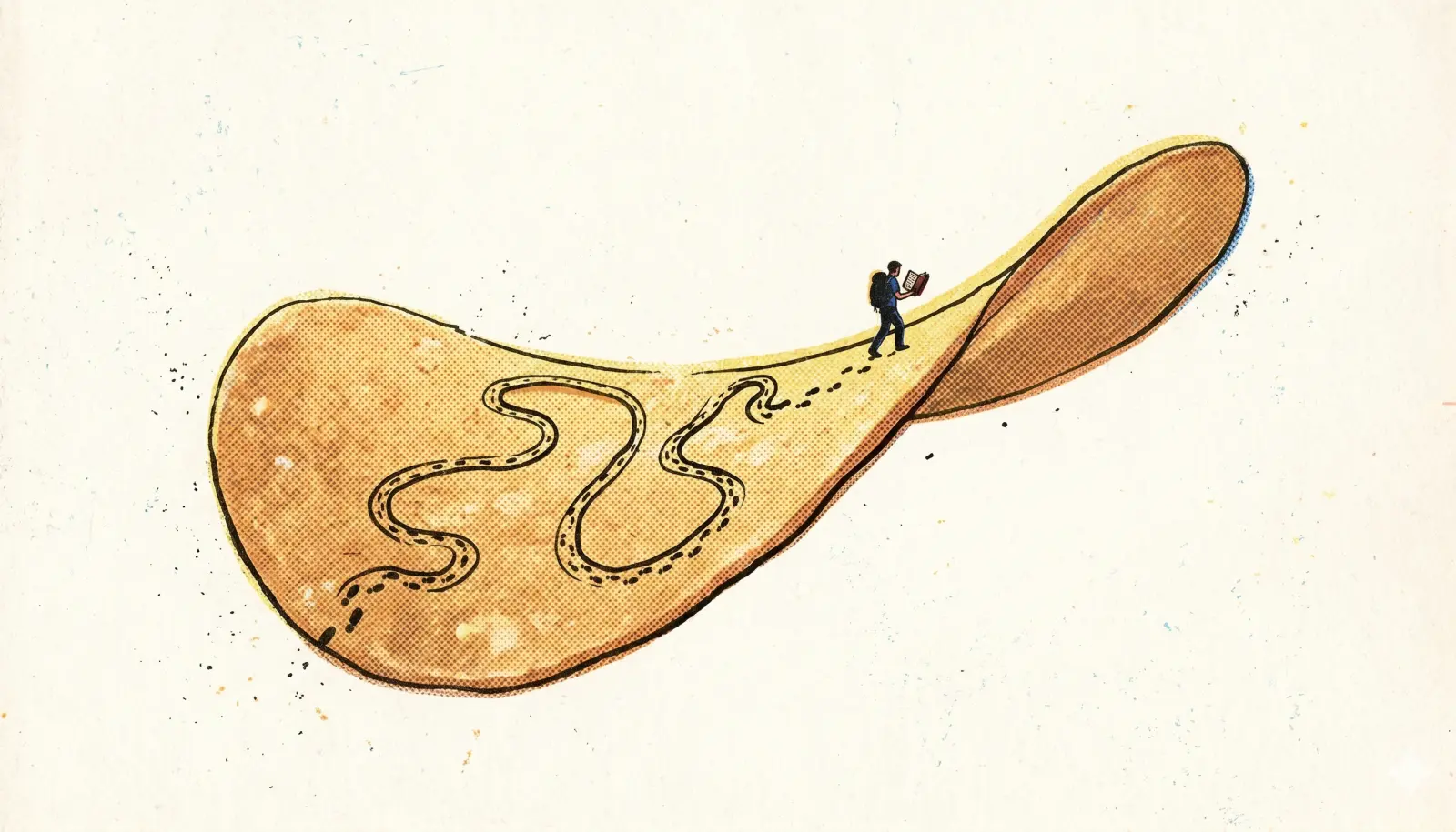 A hiker traversing a curved, saddle-shaped manifold, illustrating a trajectory across a conceptual landscape.